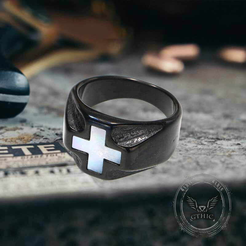Vintage White Shell Cross Stainless Steel Ring