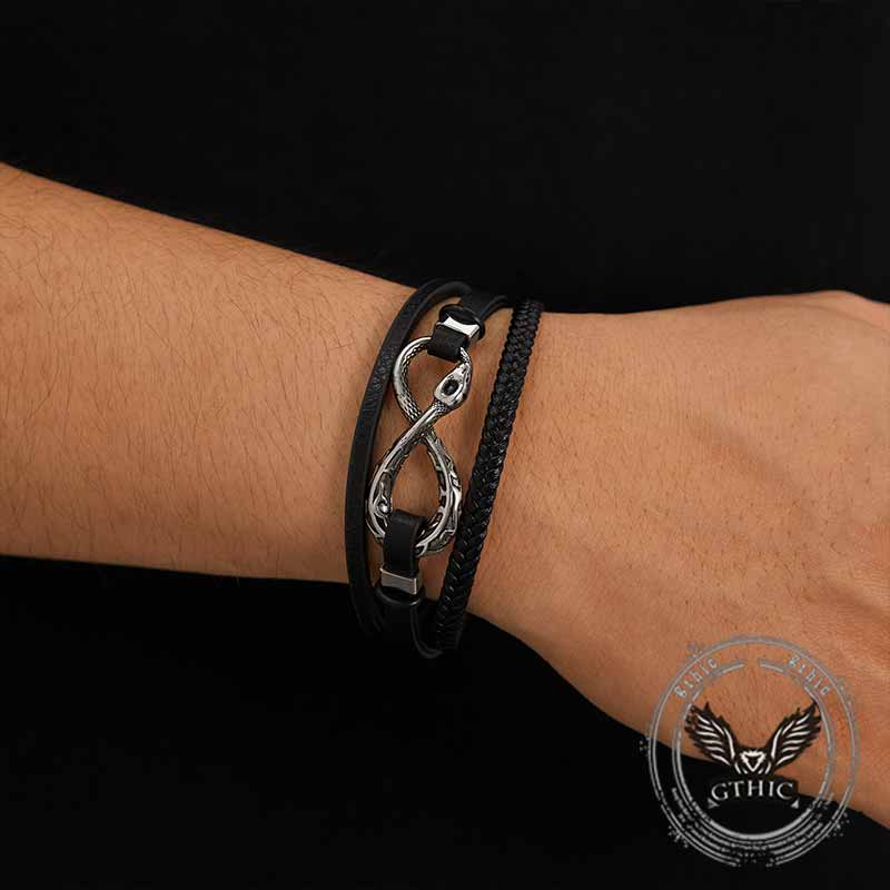 Infinity Ouroboros Stainless Steel Leather Bracelet
