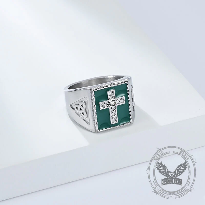 Viking Celtic Knot Gem Cross Stainless Steel Nordic Ring