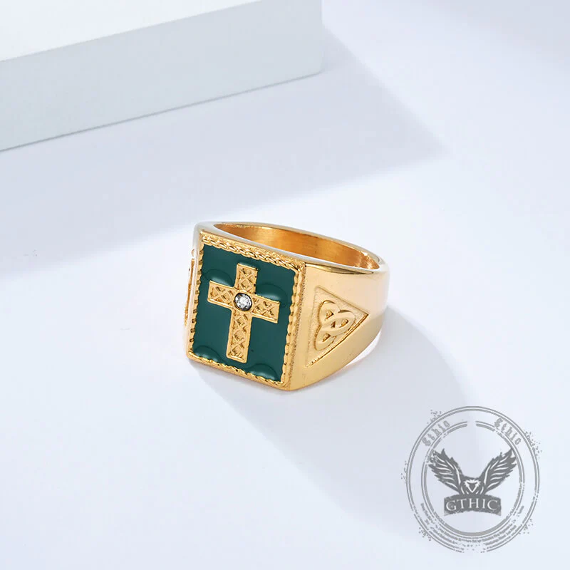 Viking Celtic Knot Gem Cross Stainless Steel Nordic Ring