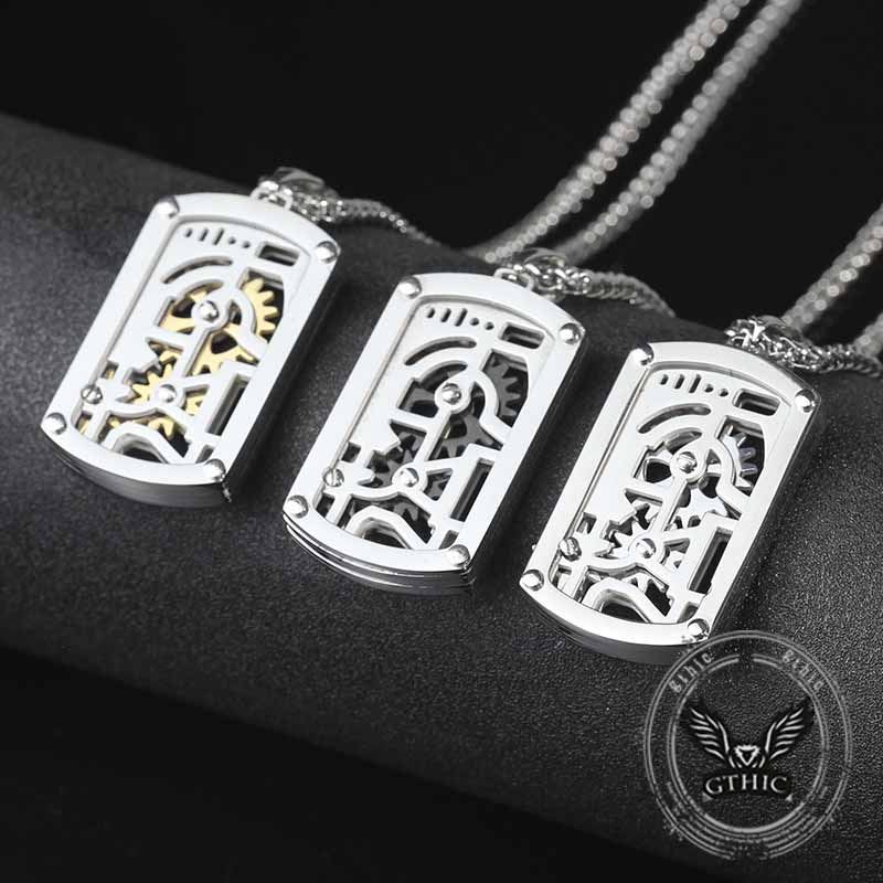Vintage Rotatable Gear Stainless Steel Square Pendant
