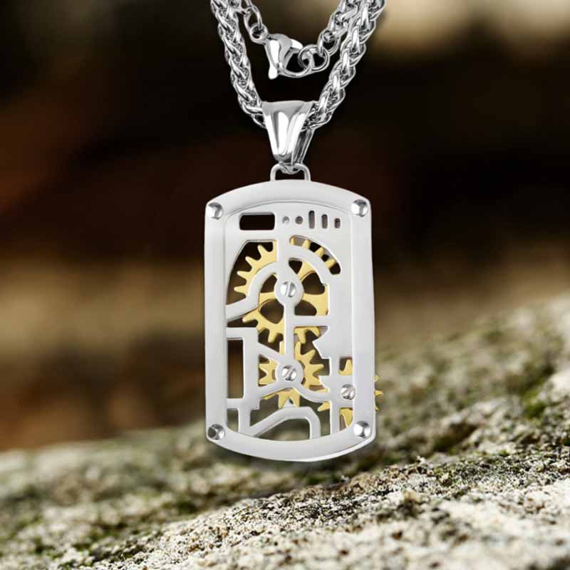 Vintage Rotatable Gear Stainless Steel Square Pendant