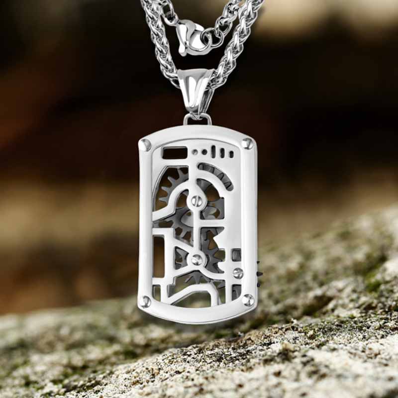Vintage Rotatable Gear Stainless Steel Square Pendant