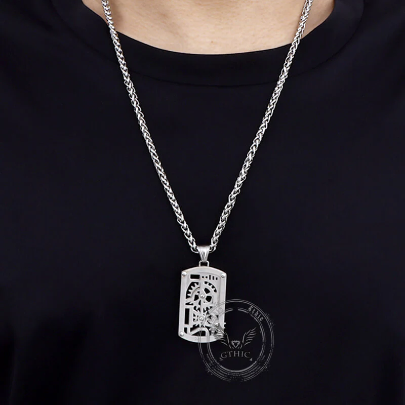 Vintage Rotatable Gear Stainless Steel Square Pendant