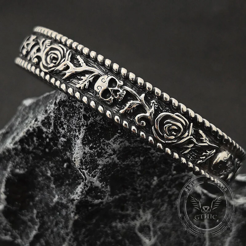 Dark Skull Rose Gothic Stainless Steel Open Bracelet