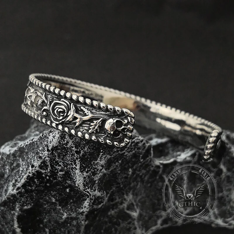 Dark Skull Rose Gothic Stainless Steel Open Bracelet