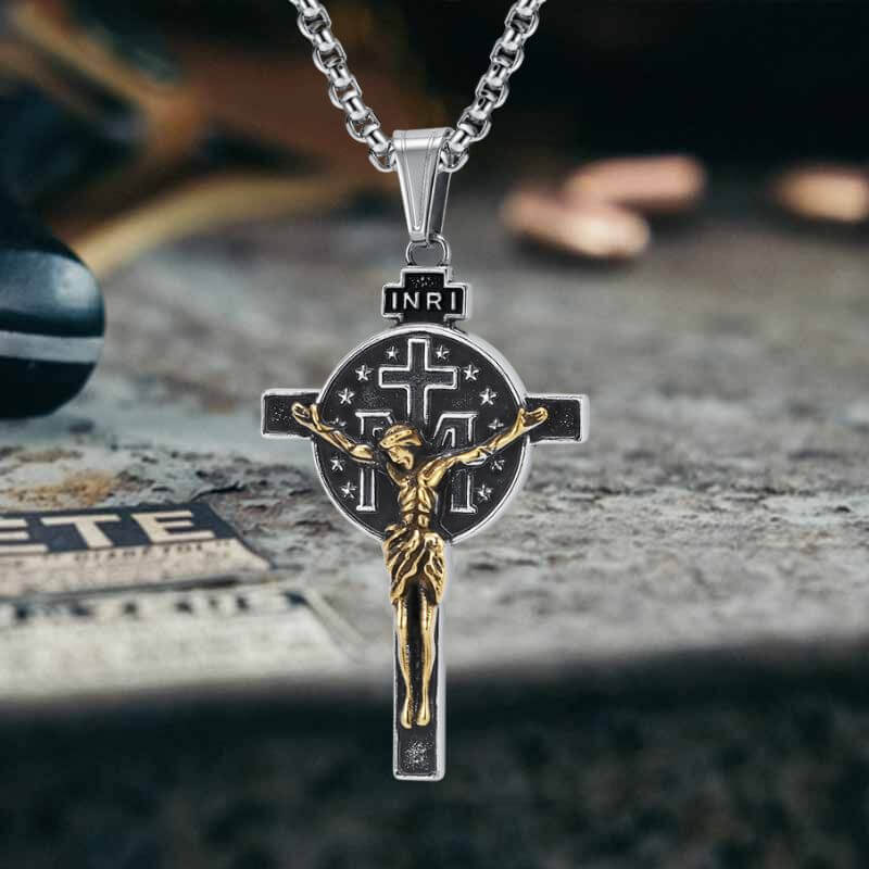 Vintage Jesus Suffering INRI Cross Stainless Steel Pendant
