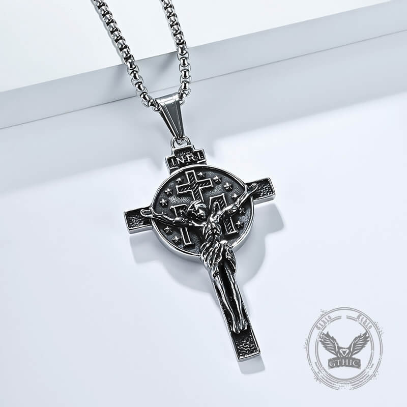 Vintage Jesus Suffering INRI Cross Stainless Steel Pendant