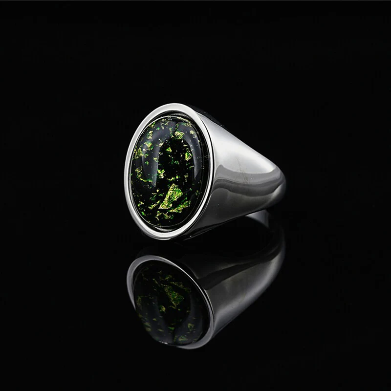 Simple Oval Green Gem Stainless Steel Ring