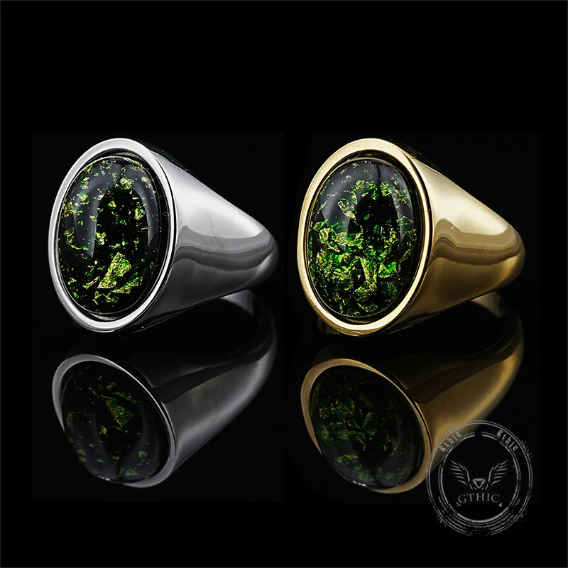 Simple Oval Green Gem Stainless Steel Ring