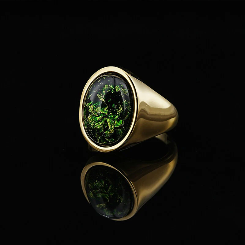 Simple Oval Green Gem Stainless Steel Ring
