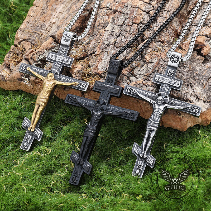 Vintage Crucifixion of Jesus Stainless Steel Cross Pendant