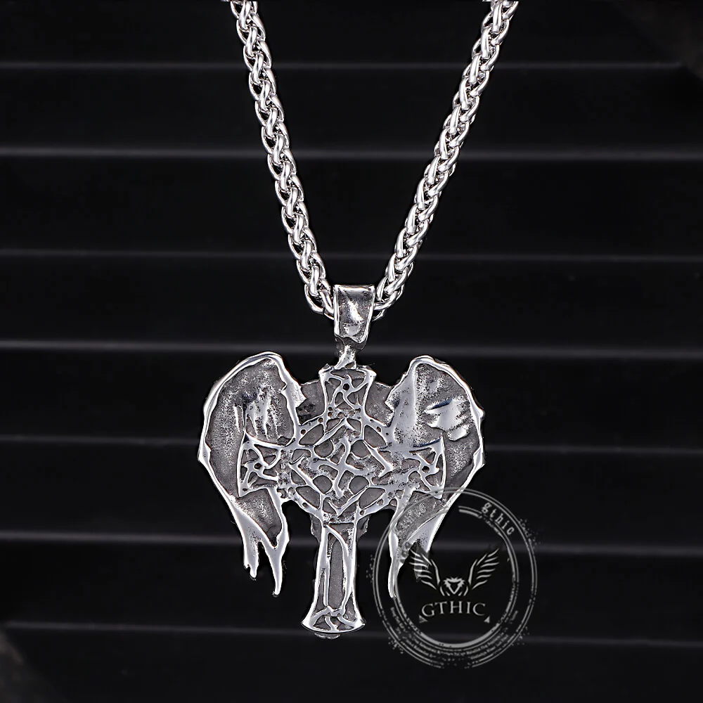Vintage Cross Archangel Wing Amulet Stainless Steel Pendant