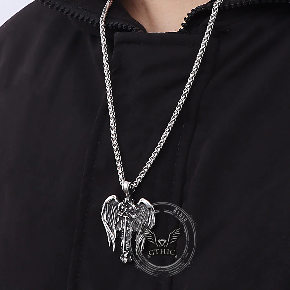 Vintage Cross Archangel Wing Amulet Stainless Steel Pendant