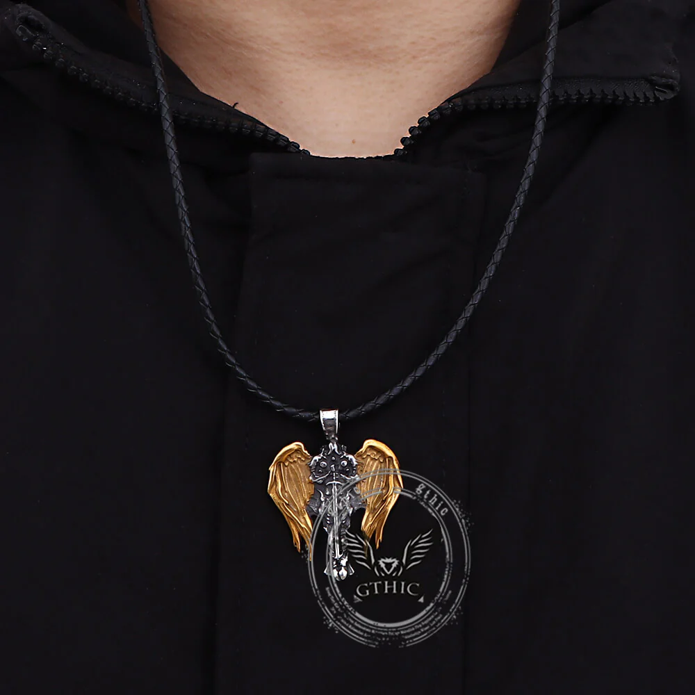 Vintage Cross Archangel Wing Amulet Stainless Steel Pendant