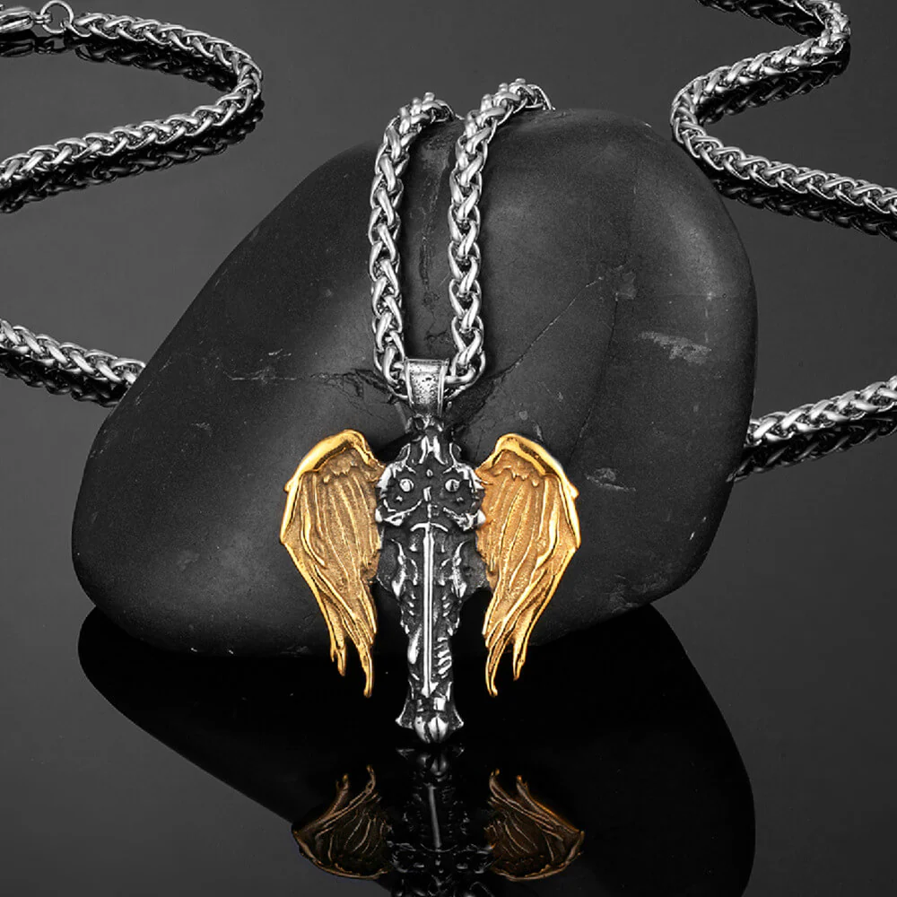 Vintage Cross Archangel Wing Amulet Stainless Steel Pendant