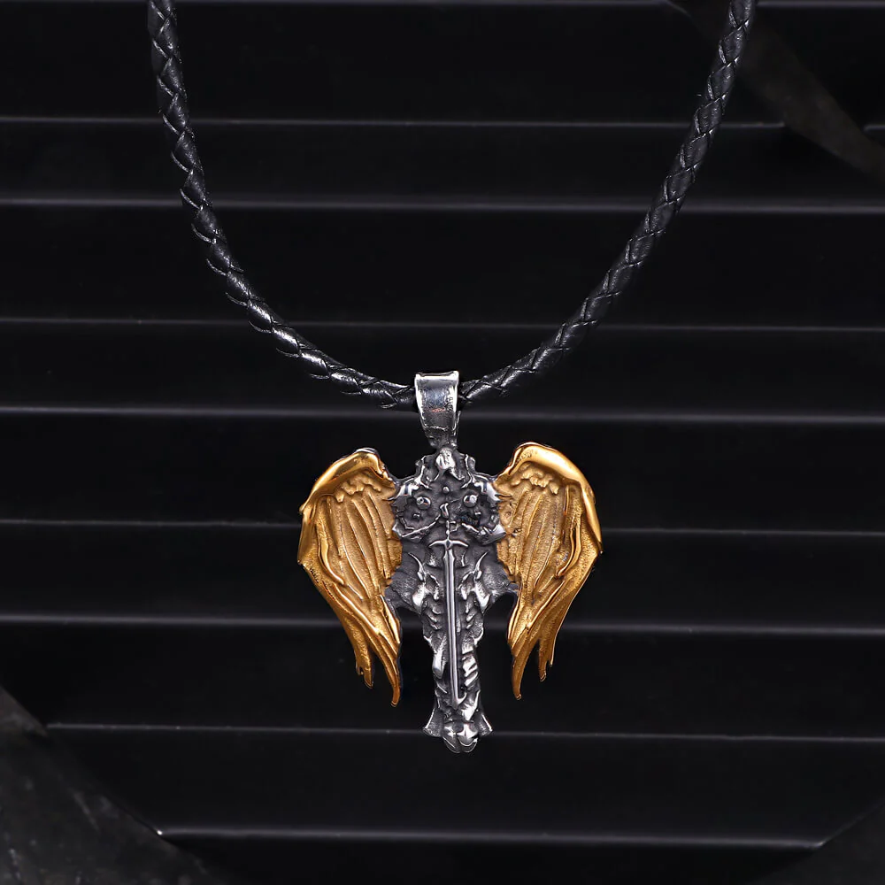 Vintage Cross Archangel Wing Amulet Stainless Steel Pendant