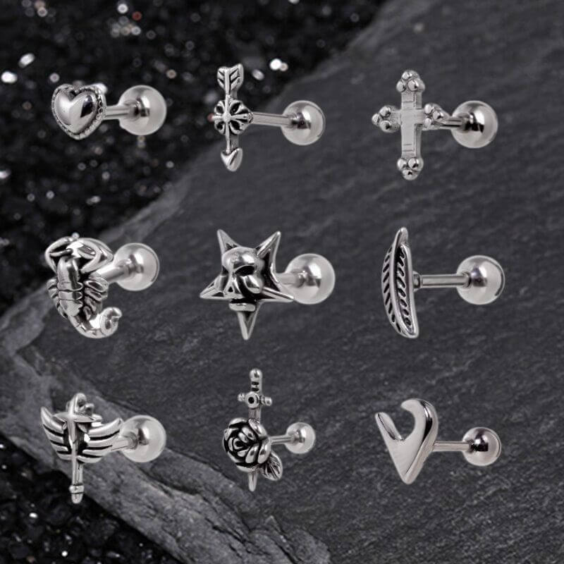Punk Multi-Style Skull Heart Stainless Steel Earrings Set