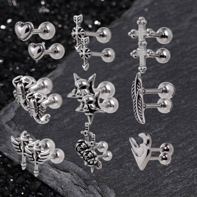 Punk Multi-Style Skull Heart Stainless Steel Earrings Set