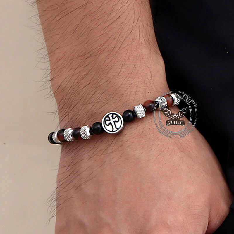 Vintage Tiger Eye Cross Stainless Steel Beaded Bracelet