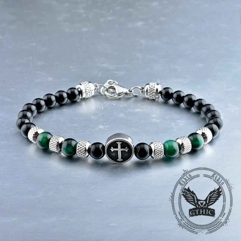 Vintage Tiger Eye Cross Stainless Steel Beaded Bracelet