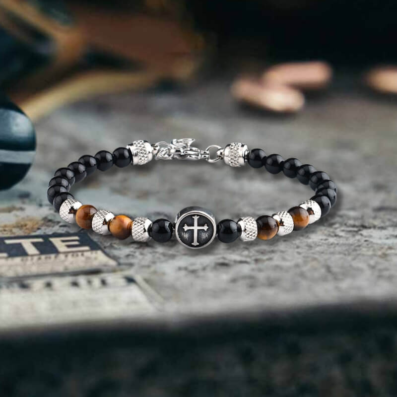 Vintage Tiger Eye Cross Stainless Steel Beaded Bracelet
