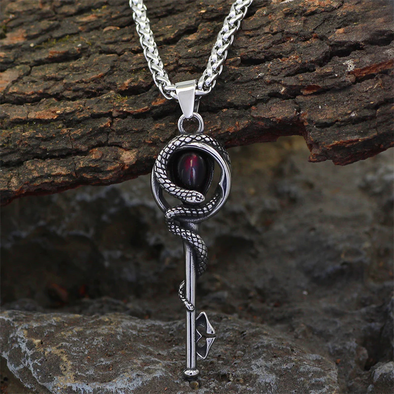 Gothic Snake Wrap Key Stainless Steel Gemstone Pendant