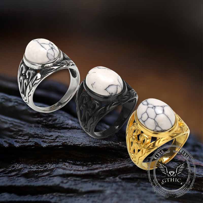 Vintage Hollow Carved Gemstone Stainless Steel Ring