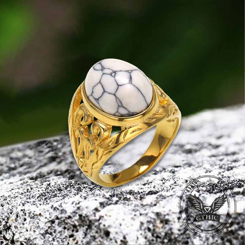 Vintage Hollow Carved Gemstone Stainless Steel Ring