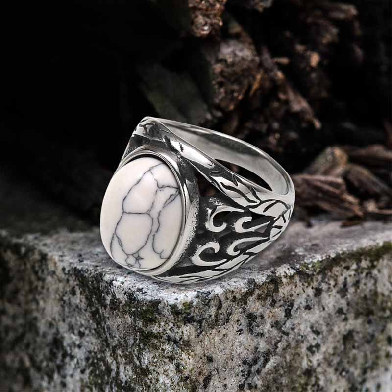Vintage Hollow Carved Gemstone Stainless Steel Ring
