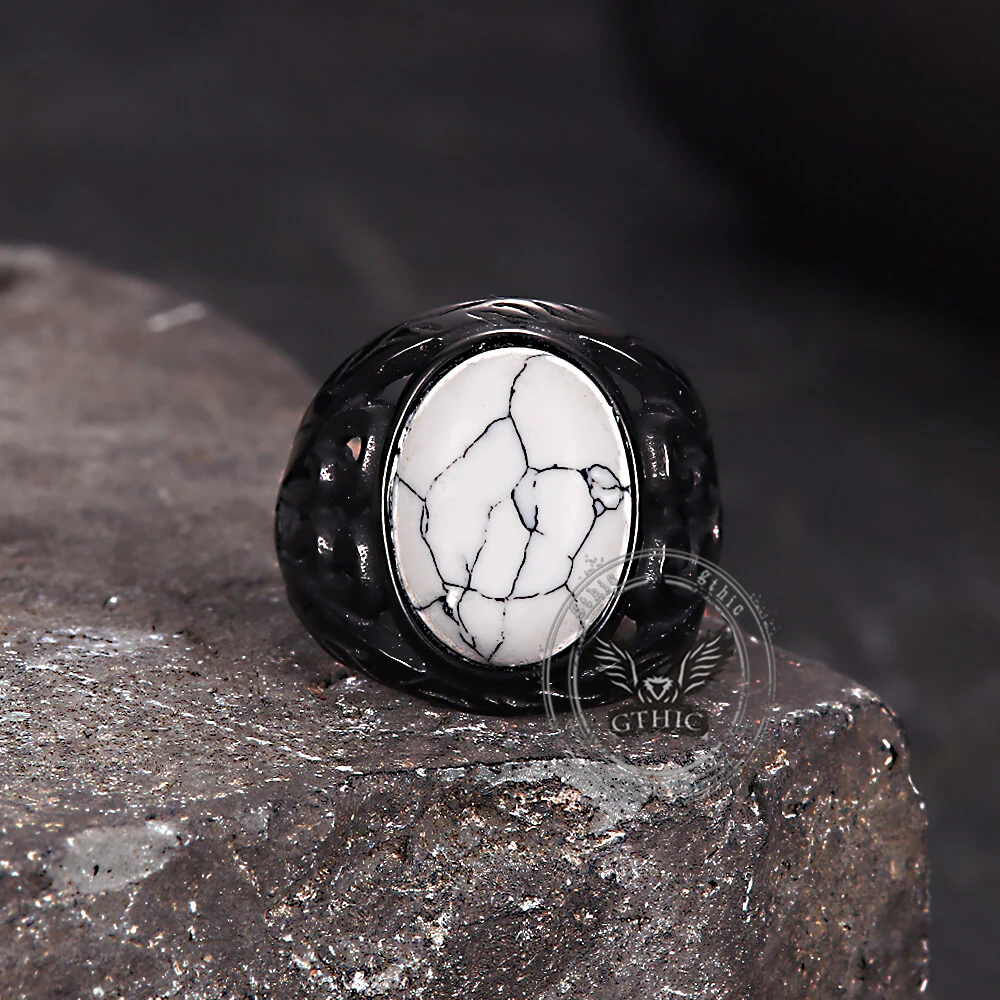 Vintage Hollow Carved Gemstone Stainless Steel Ring