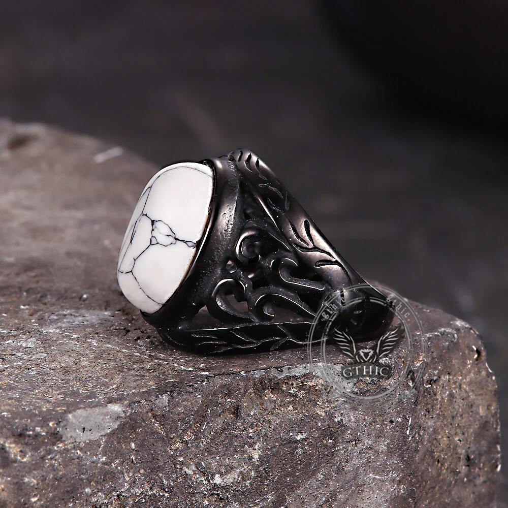Vintage Hollow Carved Gemstone Stainless Steel Ring