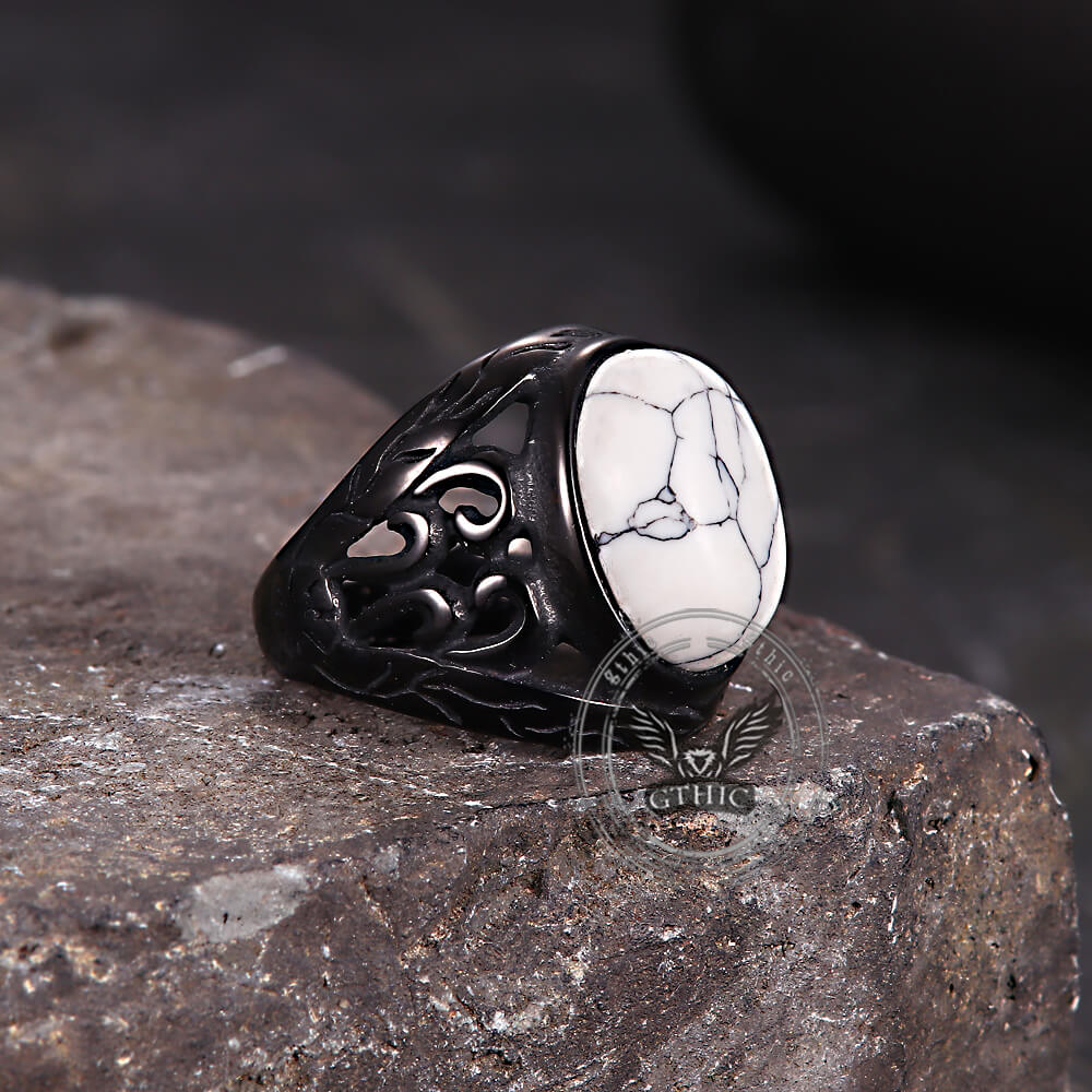 Vintage Hollow Carved Gemstone Stainless Steel Ring