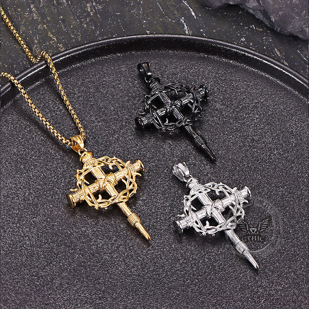 Vintage Thorn Wreath Stainless Steel Cross Pendant