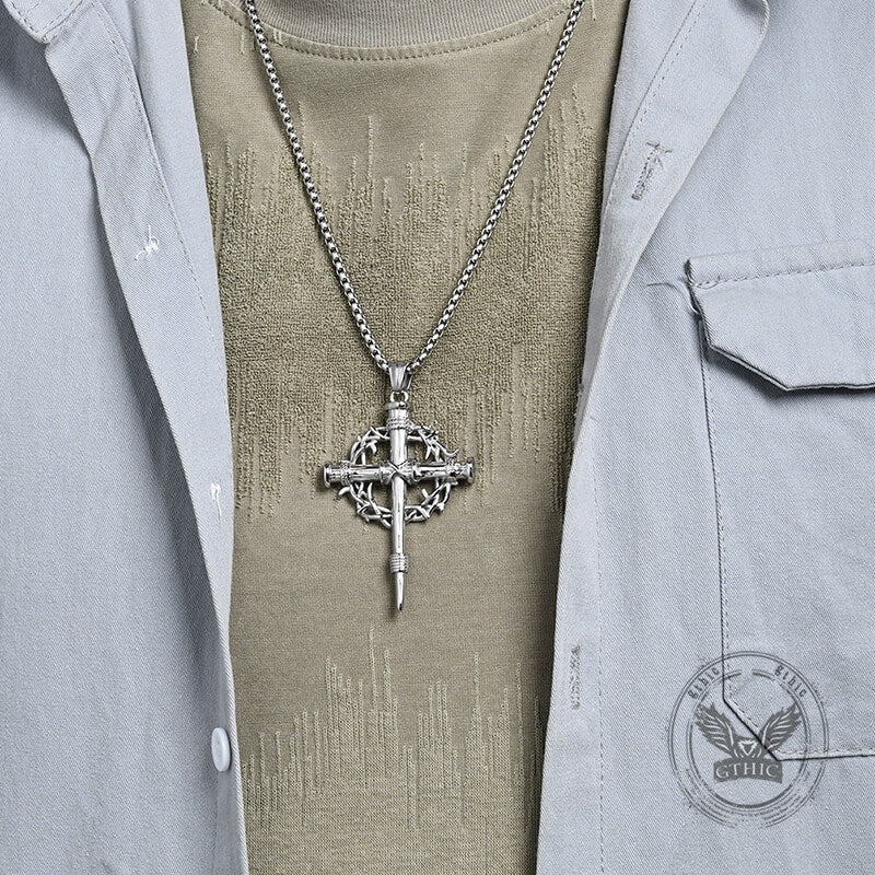 17660-vintage-thorn-wreath-stainless-steel-cross-pendant-2.jpg Vintage Thorn Wreath Stainless Steel Cross Pendant