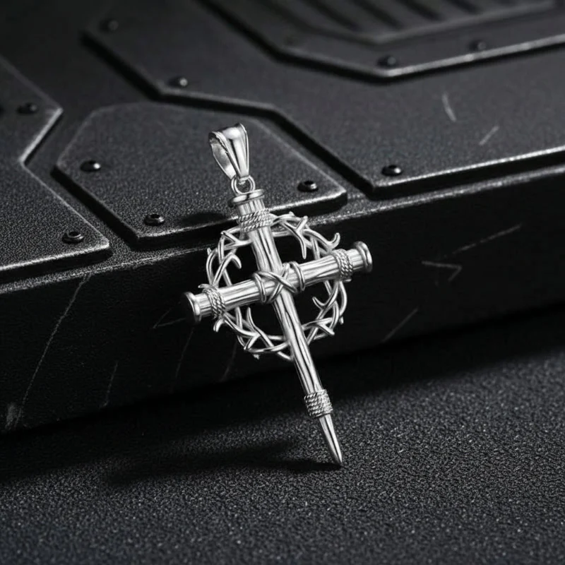 17661-silver-pendant-only-silver-pendant-only-variation-1.webp Vintage Thorn Wreath Stainless Steel Cross Pendant