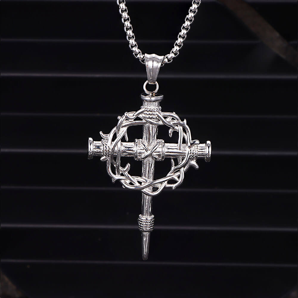 17662-silver-with-3-mm-60-cm-chain-silver-with-3-mm-60-cm-chain-variation-1.jpg Vintage Thorn Wreath Stainless Steel Cross Pendant