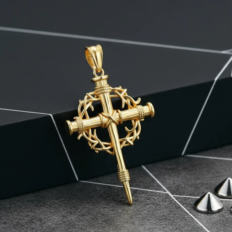 17663-gold-pendant-only-gold-pendant-only-variation-1.webp Vintage Thorn Wreath Stainless Steel Cross Pendant