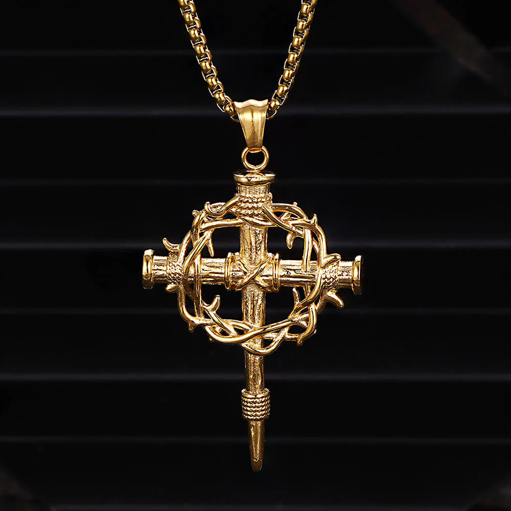 17664-gold-with-3-mm-60-cm-chain-gold-with-3-mm-60-cm-chain-variation-1.webp Vintage Thorn Wreath Stainless Steel Cross Pendant
