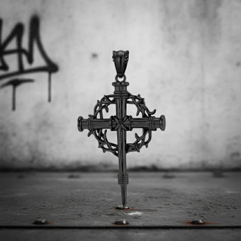 17665-black-pendant-only-black-pendant-only-variation-1.webp Vintage Thorn Wreath Stainless Steel Cross Pendant