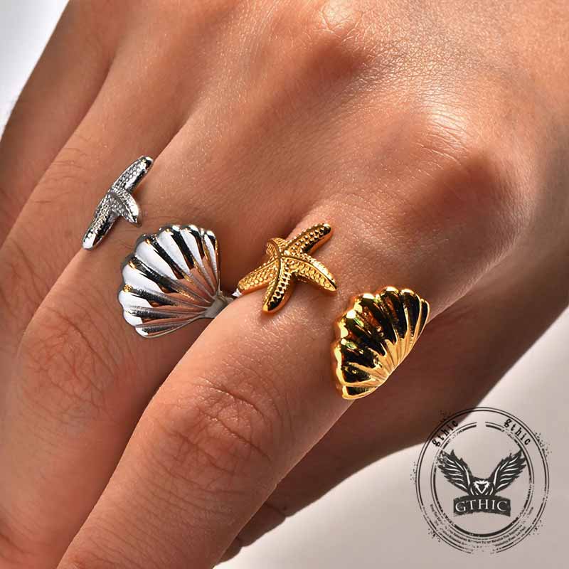 Fashion Starfish Shell Stainless Steel Open Ring