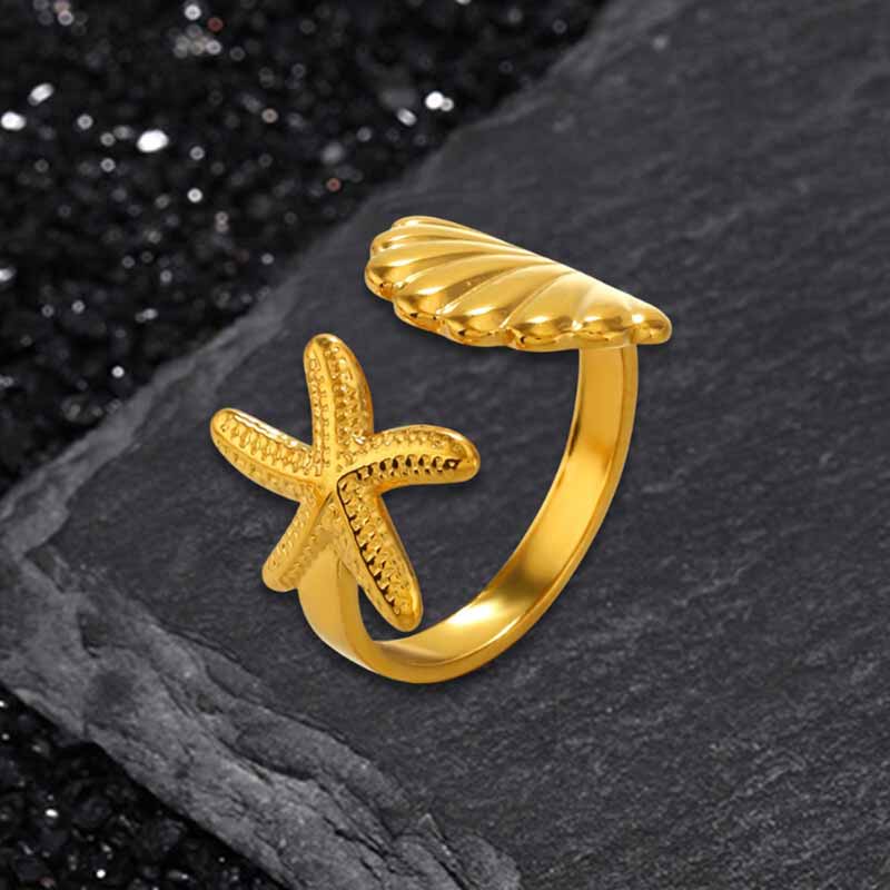 Fashion Starfish Shell Stainless Steel Open Ring