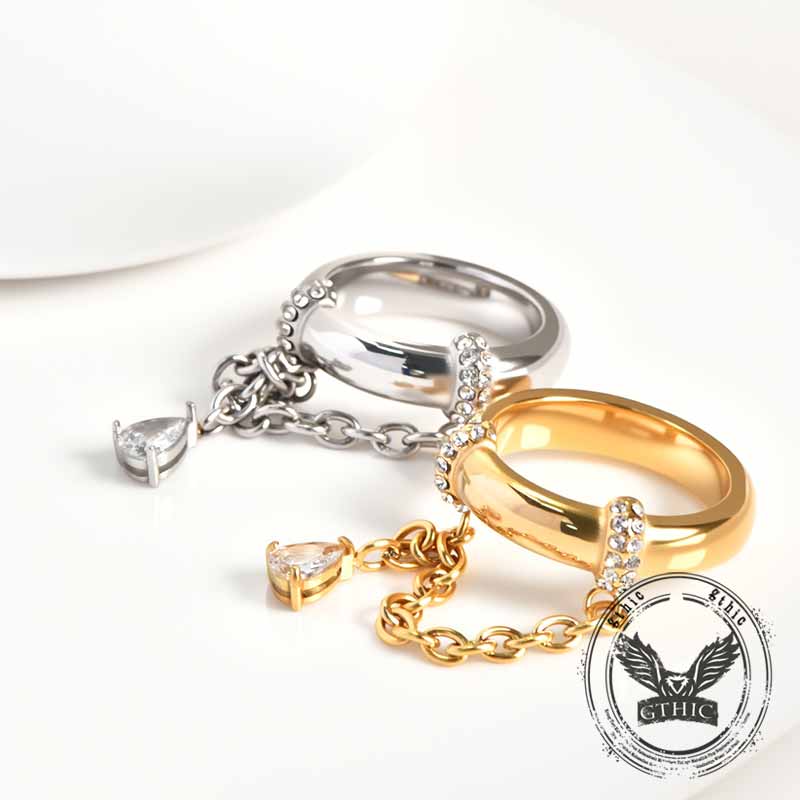 Simple Teardrop Pendant Chain Stainless Steel Ring