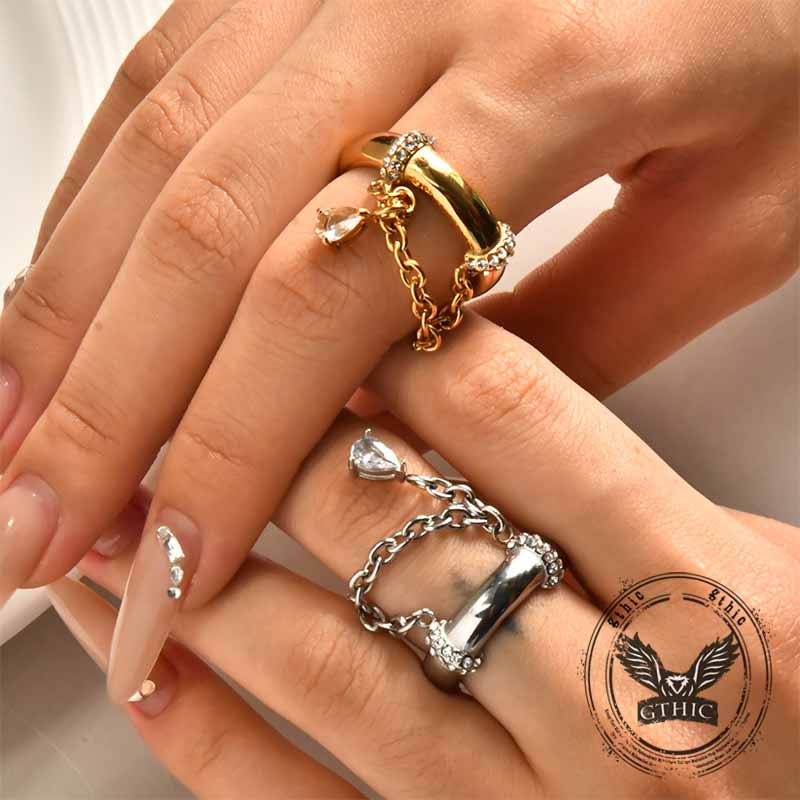 Simple Teardrop Pendant Chain Stainless Steel Ring
