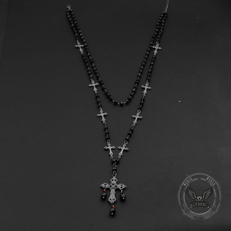Gothic Cross Beaded Stainless Steel Stacking Necklace