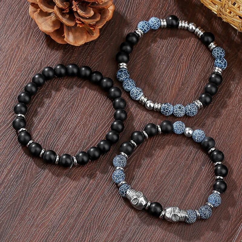 Vintage Stacking Stainless Steel Skull Beaded Bracelet