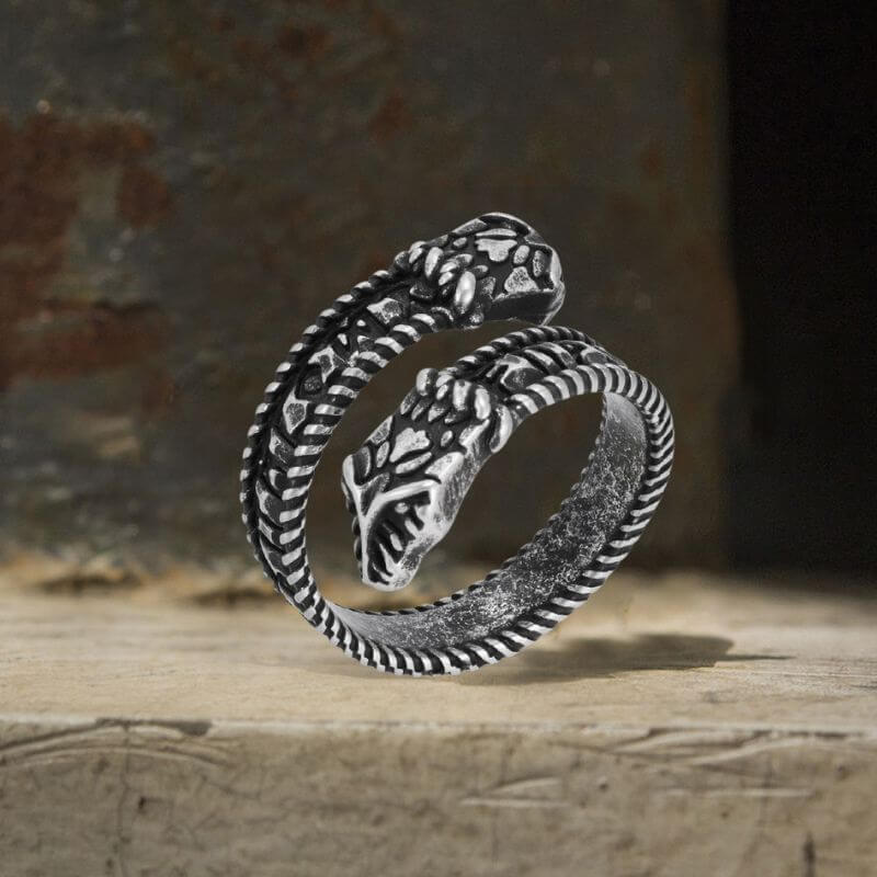 Nordic Two-Headed Snake Stainless Steel Viking Open Ring
