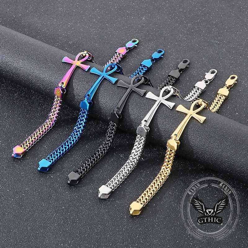 Double-Row Chain Ankh Cross Stainless Steel Bracelet