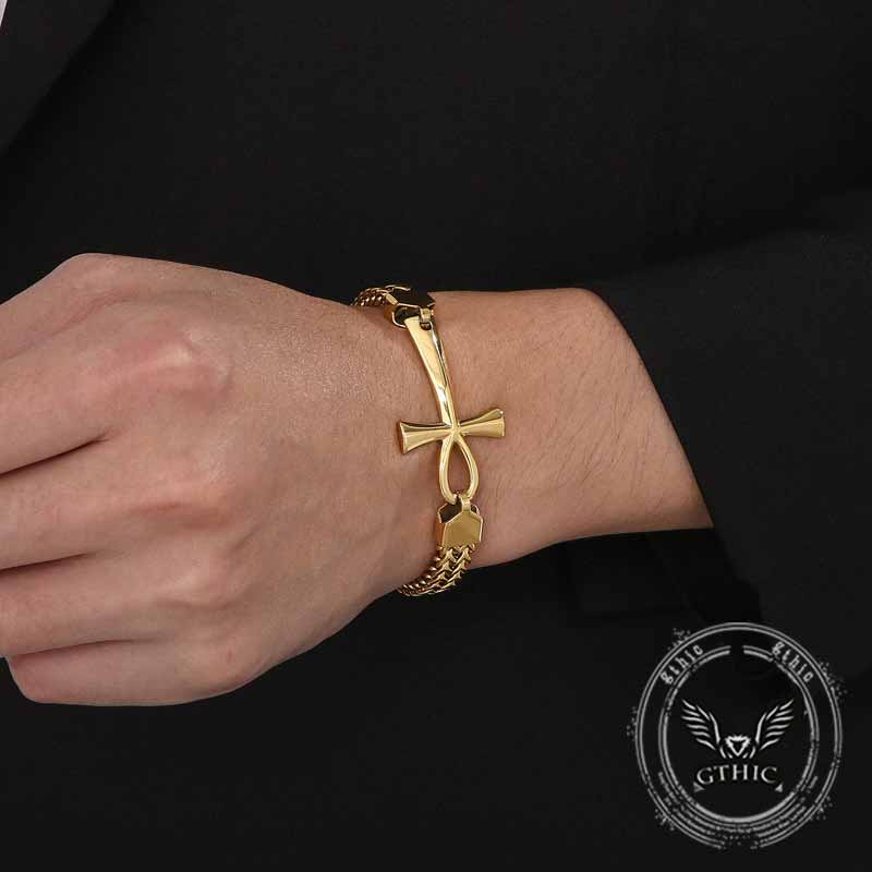 17923-double-row-chain-ankh-cross-stainless-steel-bracelet-2.jpg Double-Row Chain Ankh Cross Stainless Steel Bracelet