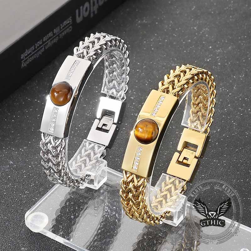 Vintage Tiger Eye Diamond-Set Stainless Steel Bracelet